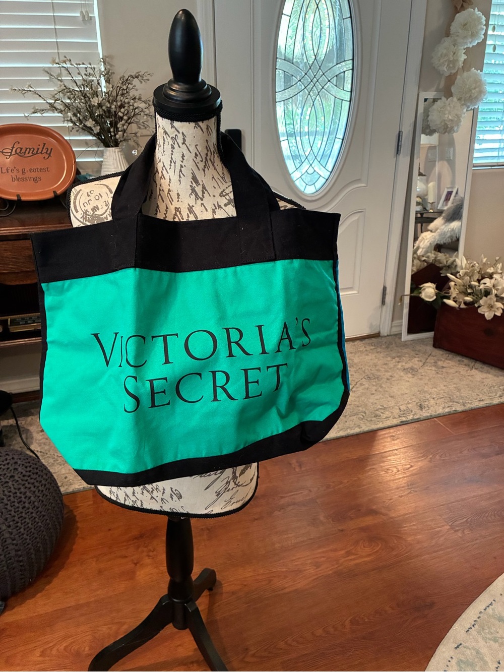 Victoria's Secret Teal and Black Canvas Tote Bag NWOT
